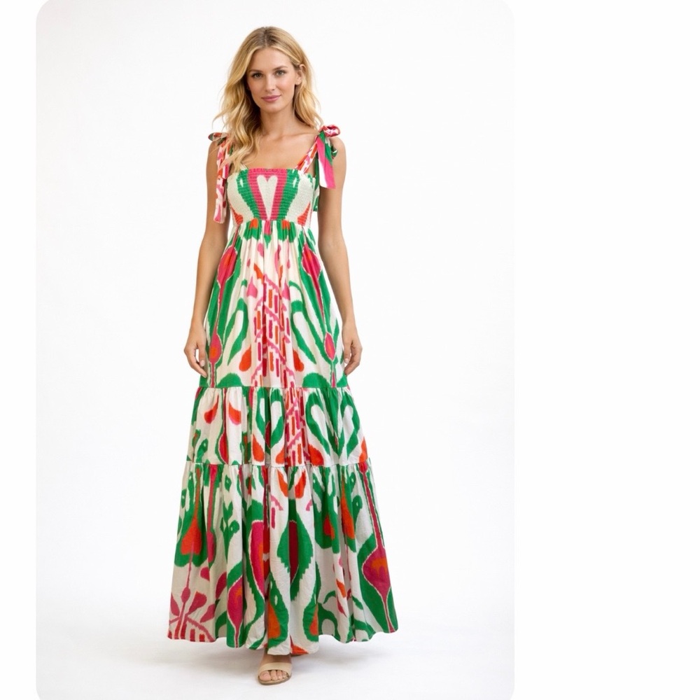 Sheridan French Kelly tiered tie shoulder maxi multicolored heart dress, size XS